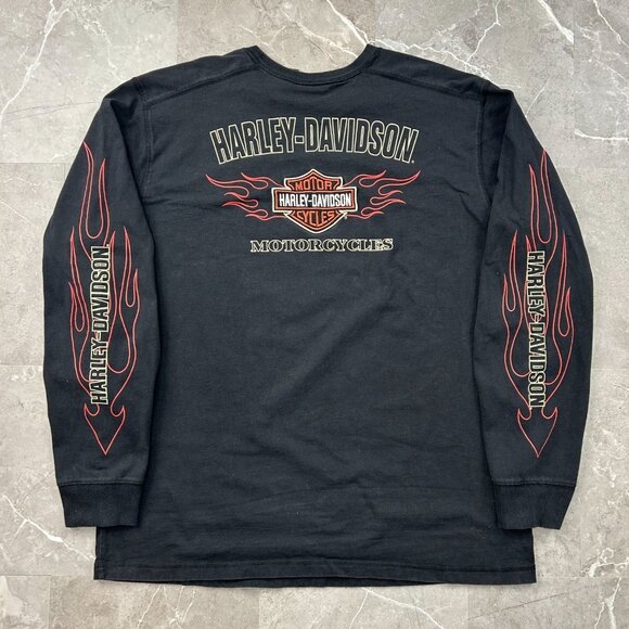 Harley Davidson Graphic Tee Mens 2XL XXL Flames y2k Embroidered Long Sleeve - Picture 1 of 9